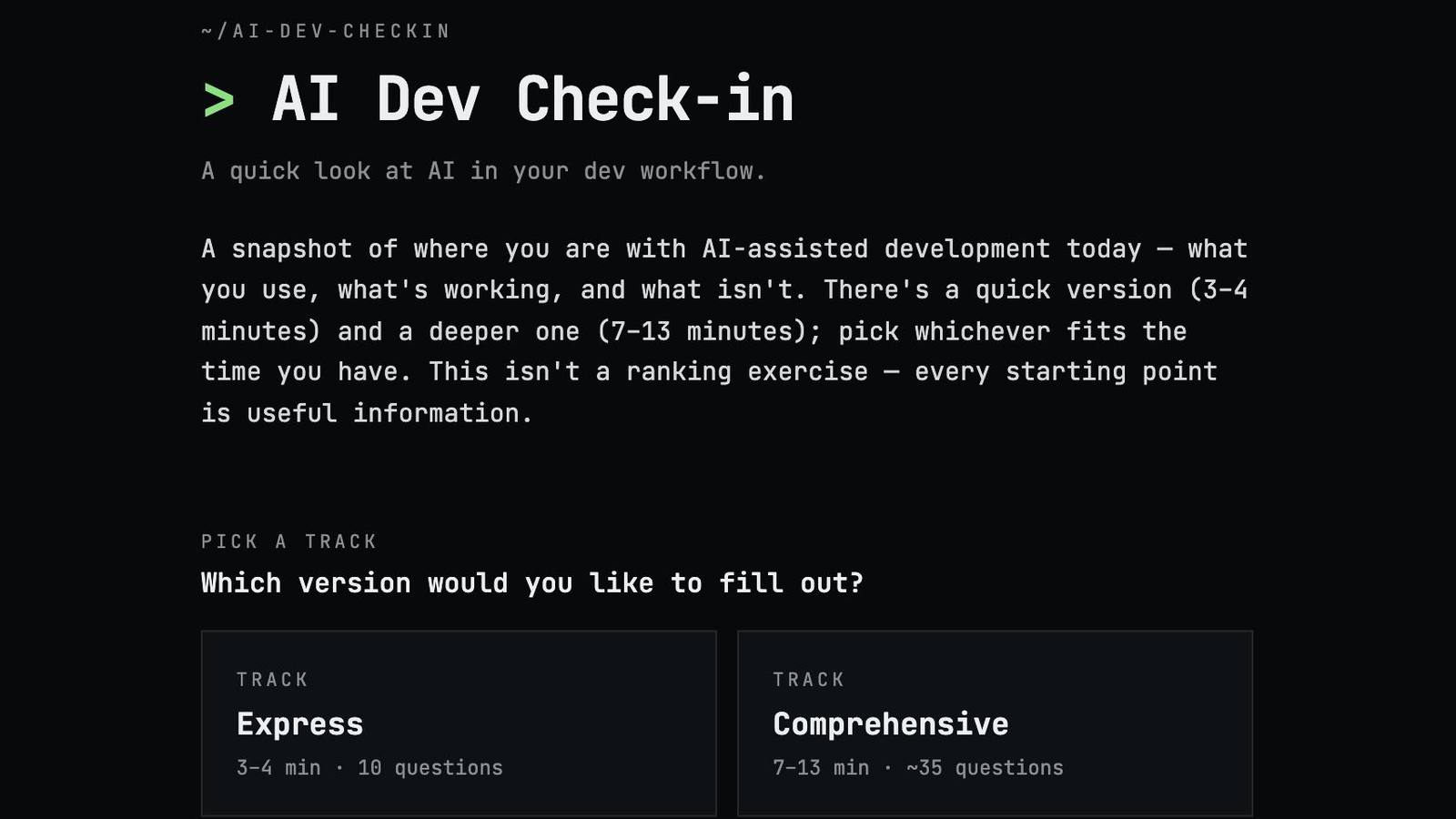 The AI Dev Check-in start screen, showing the Express and Comprehensive tracks.