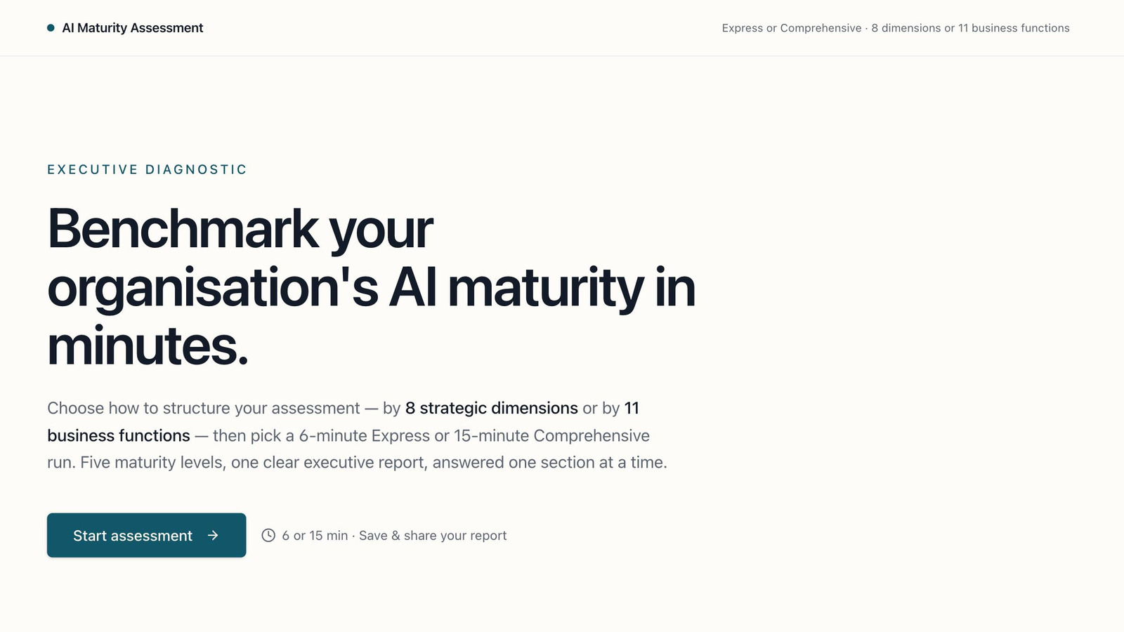 The AI Maturity Assessment landing page, showing where the questionnaire starts.