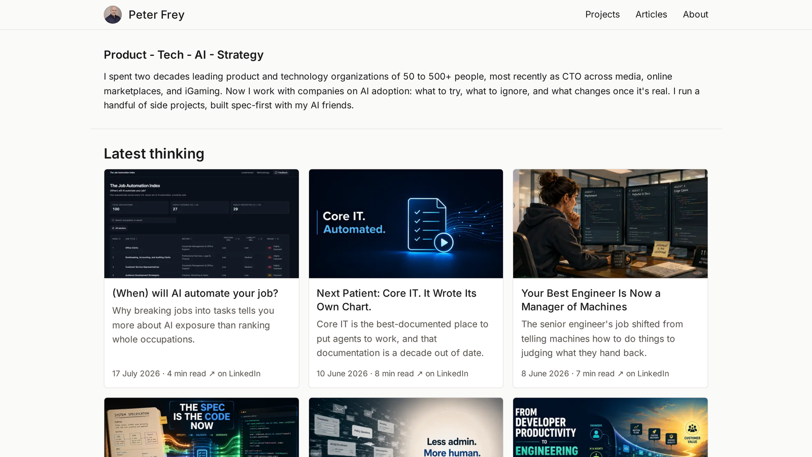 The peterfrey.app home page, showing the article grid above the project grid.